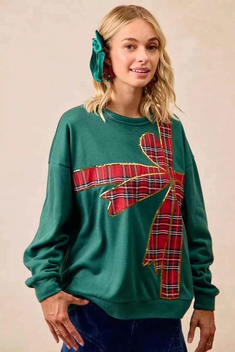 BiBi Plaid Ribbon Bow Detail Christmas Fleece Women's Sweatshirt