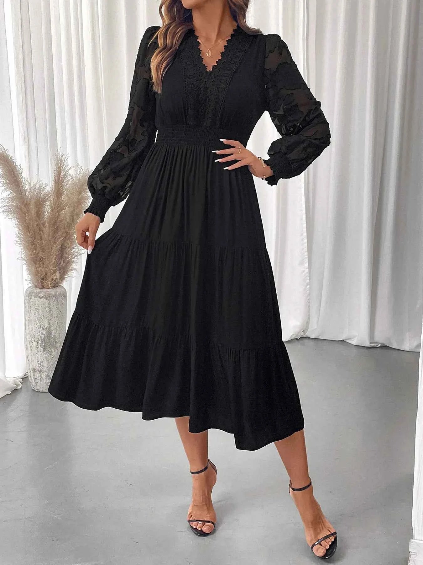 Lace Detail Lantern Sleeve Tiered Dress