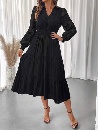 Lace Detail Lantern Sleeve Tiered Dress