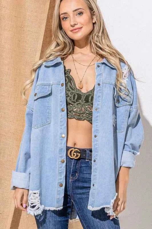 And The Why Button Front Flap Pocket Ripped Denim Jacket