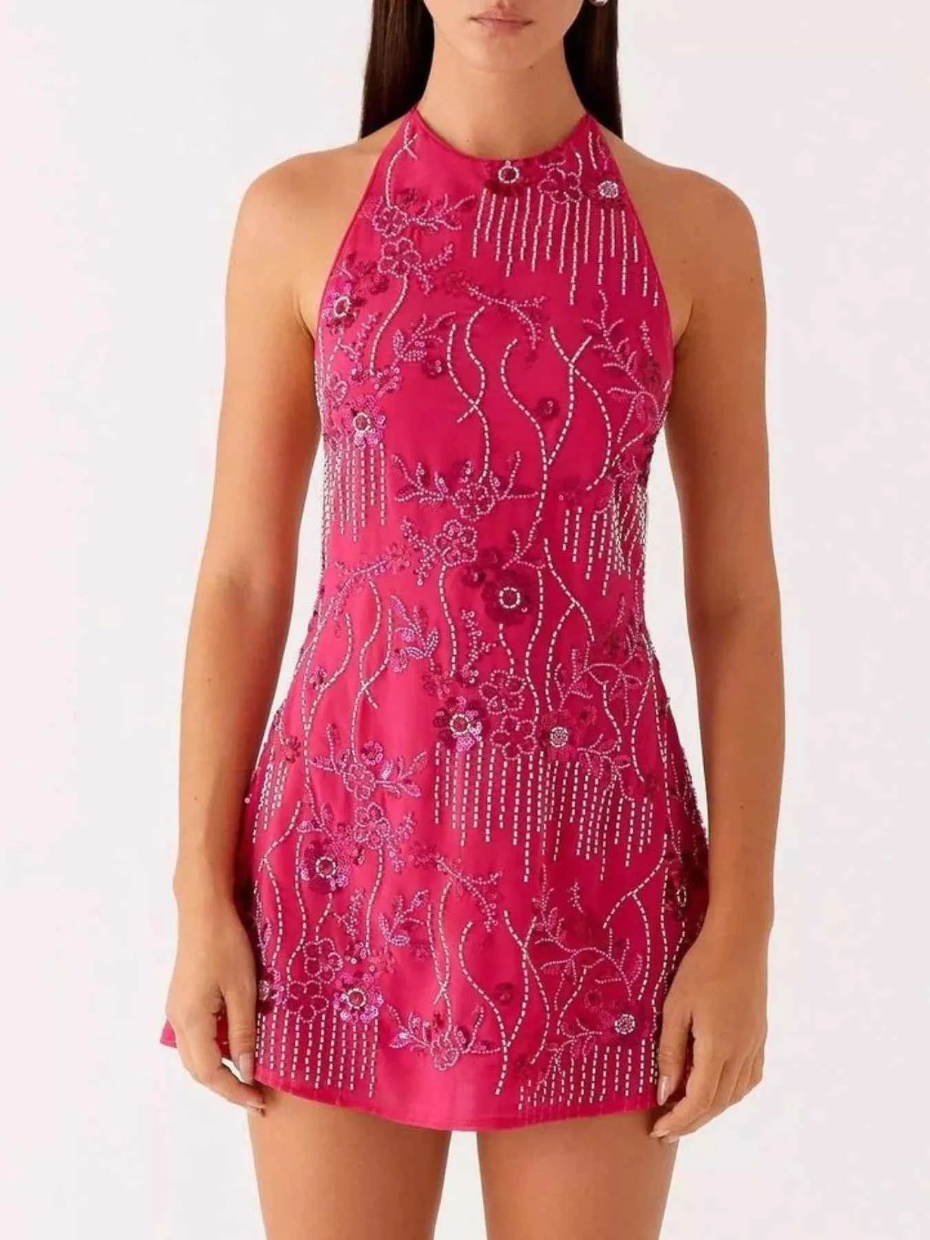 Backless Embroidered Halter Neck Mini Dress