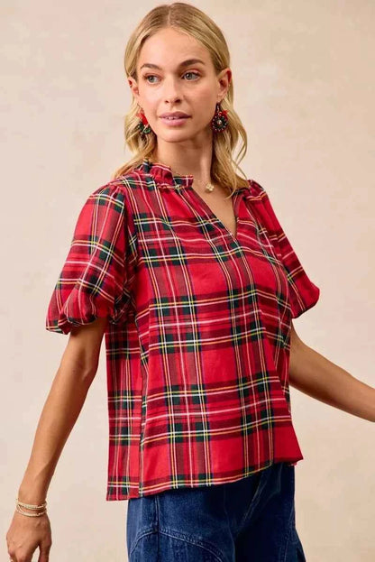 BiBi Christmas Plaid Short Sleeves Ruffled Blouse