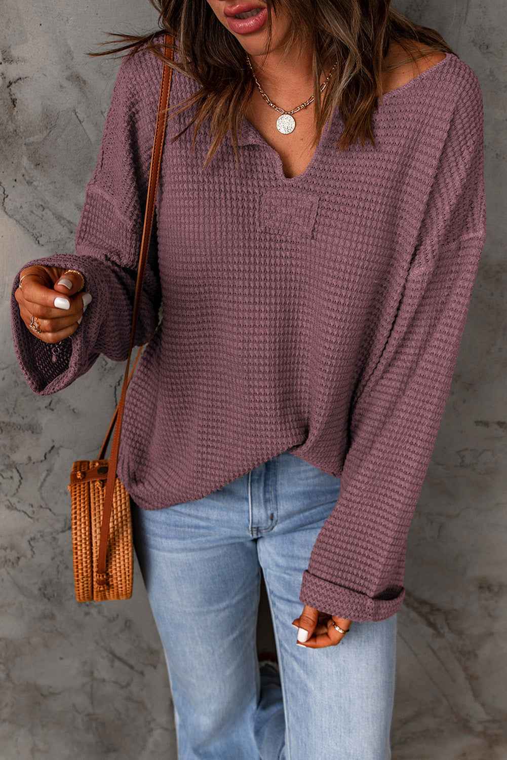 Solid Waffle Knit Long Sleeve Top