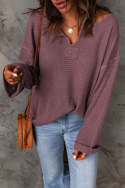 Solid Waffle Knit Long Sleeve Top