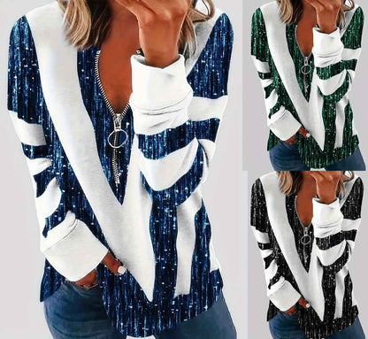 Women's Long Sleeve Shirts Zipper Color Block V Neck Tunic Tops Casual Blouse
