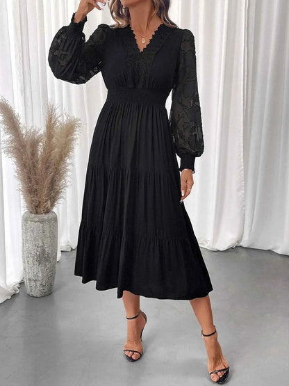 Lace Detail Lantern Sleeve Tiered Dress