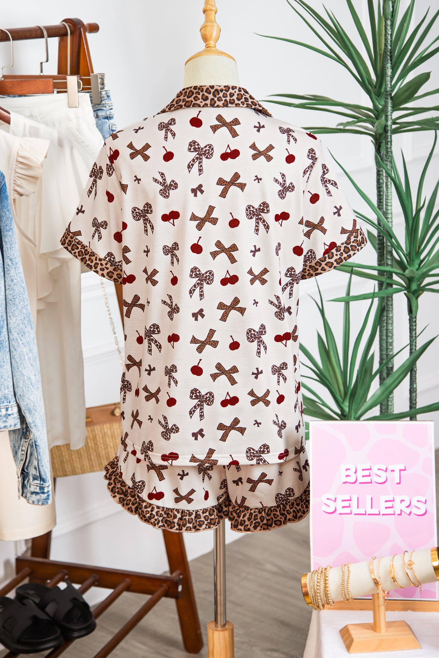 White Chic Bow Cherry Printed Leopard Patchwork 2 Piece Sleepwear