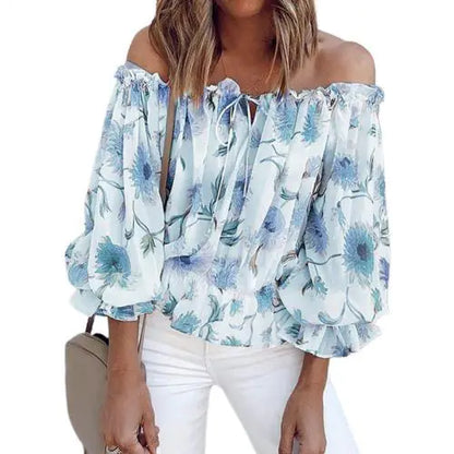 Women's Off-Shoulder Chiffon Print Long Sleeve  Women's Top