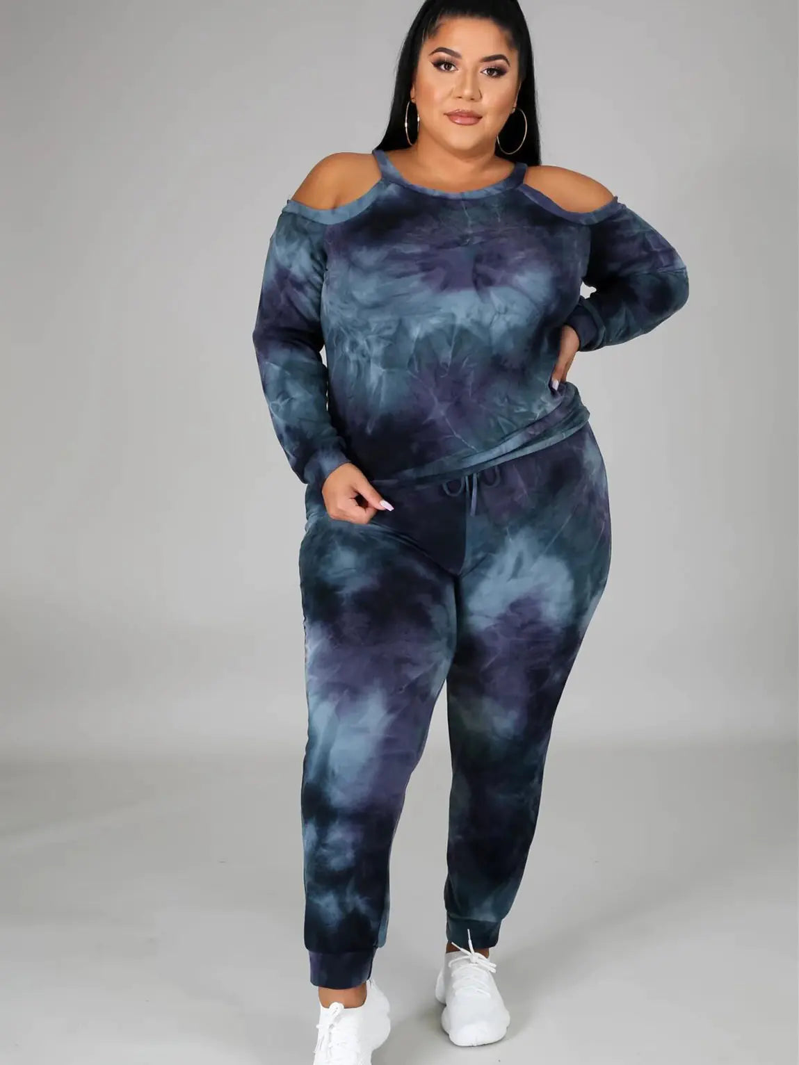 Plus Size Women's Off Shoulder Tie Dye Sweatsuit