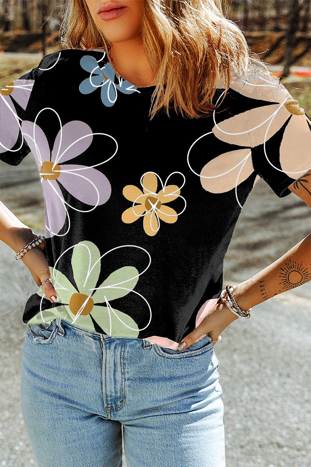 Beige Summer Flower Print Round Neck T-Shirt