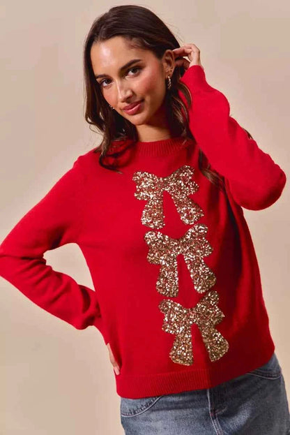 SO ME Sequins Bow Ribbon Embellished Christmas Sweater