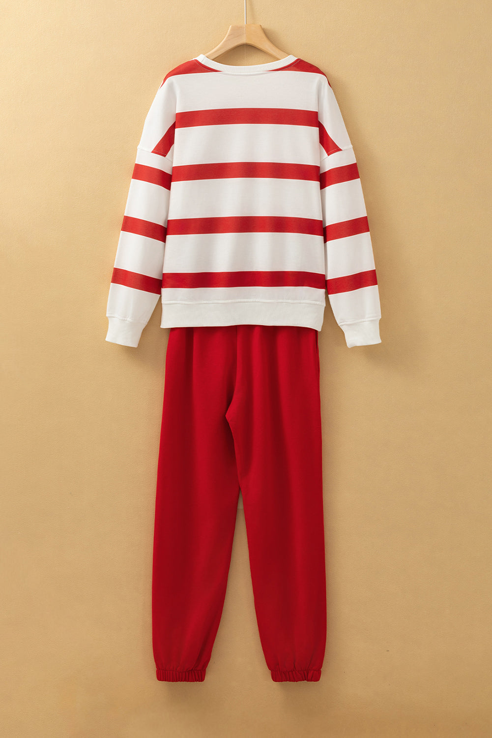 Light French Beige Striped Drop Shoulder Pullover and Joggers Set - The Eggy's store