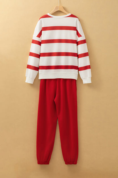 Light French Beige Striped Drop Shoulder Pullover and Joggers Set - The Eggy's store