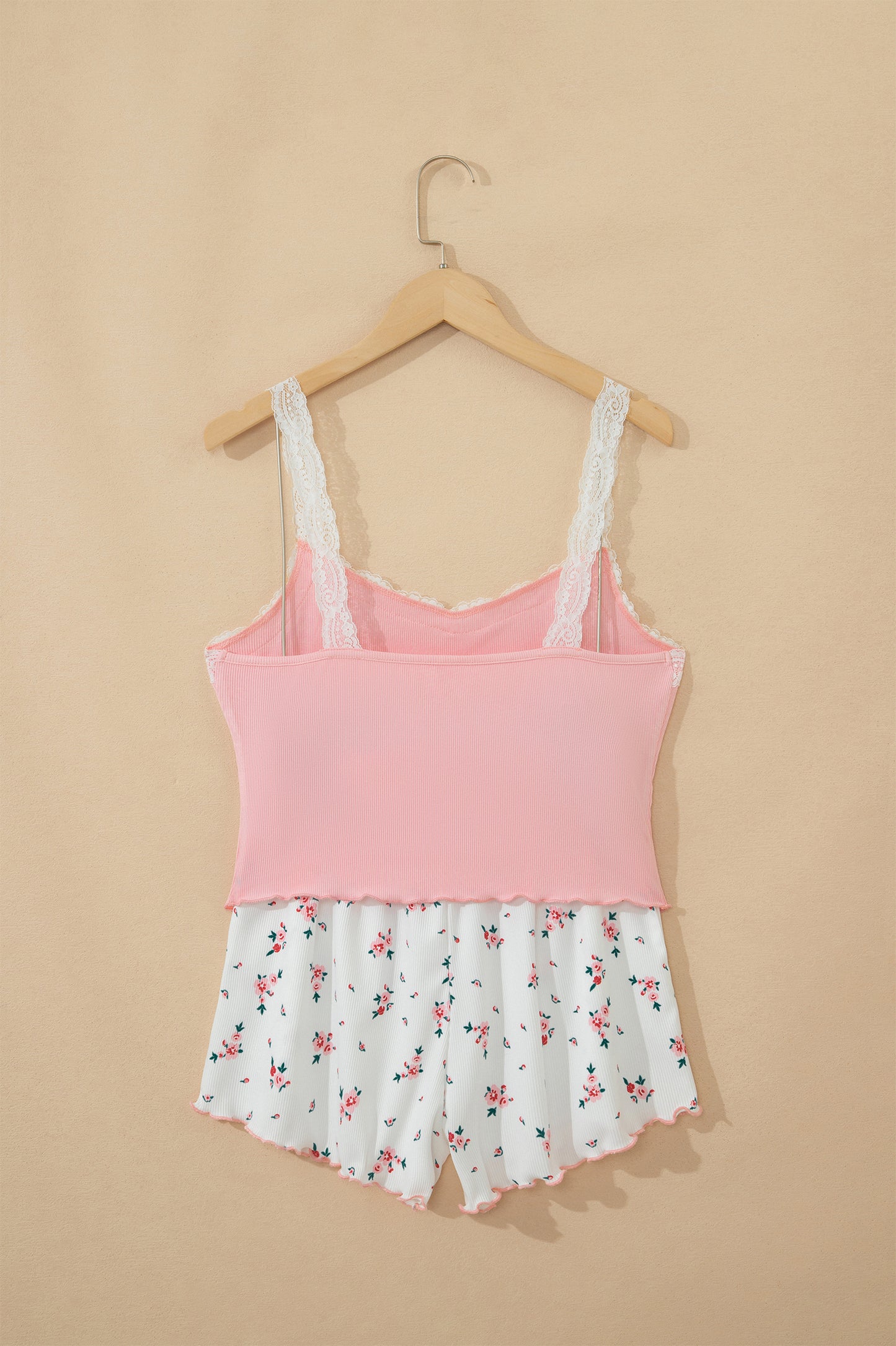 Pink Ribbed Knit Lace Straps Patchwork Lettuce Hem Short Loungewear