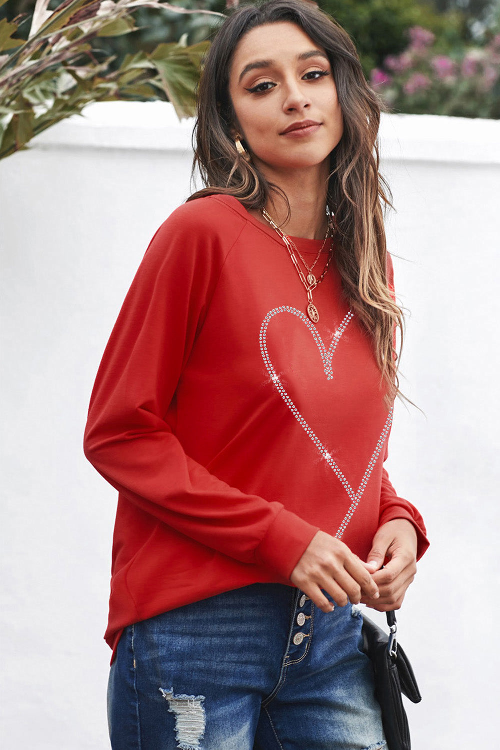 Fiery Red Rhinestone Heart Shaped Long Sleeve Women's Sweatshirt