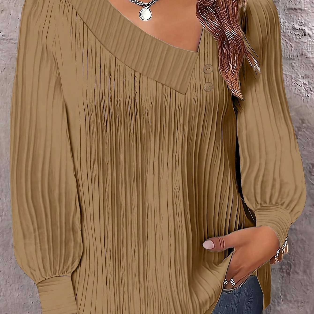 Plus Size Chic V-Neck Blouse with Decorative Button