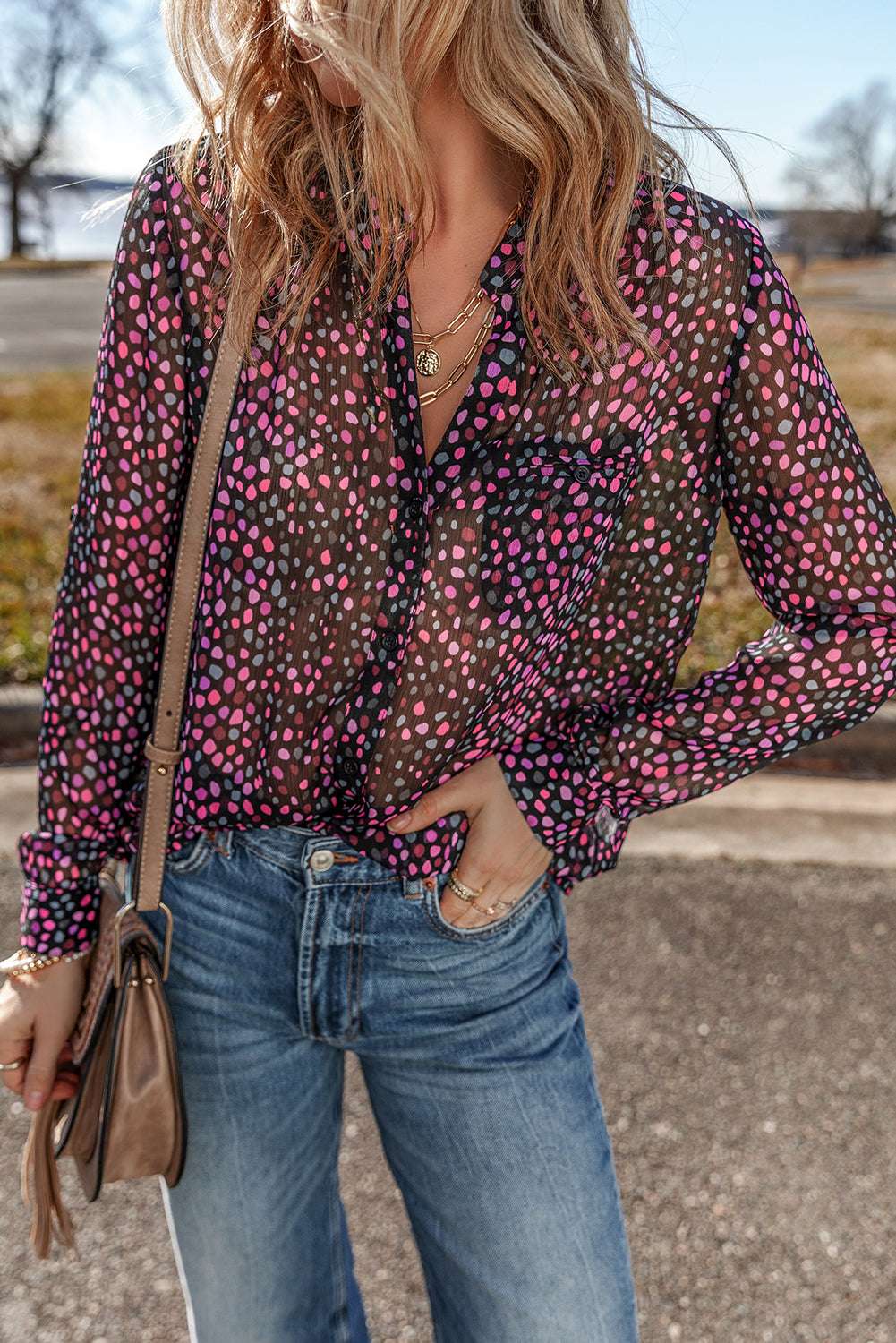 Grape Wine Polka Dot Print Buttoned Blouse