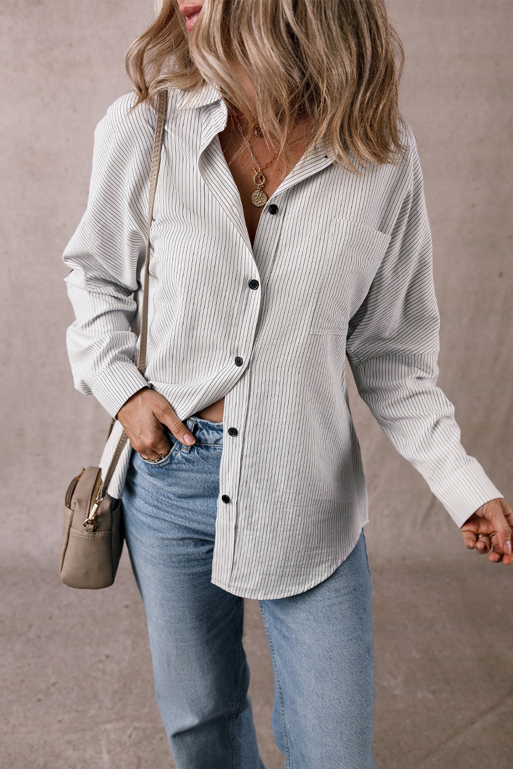Striped Roll-Tab Sleeve Pocketed Long Blouse