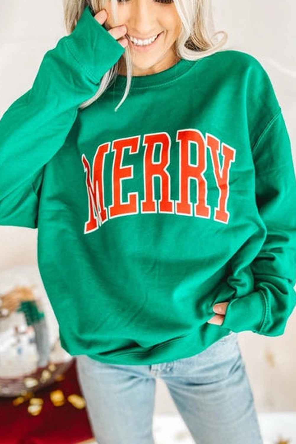 Green MERRY Print Drop Sleeve Pullover Women's Sweatshirt