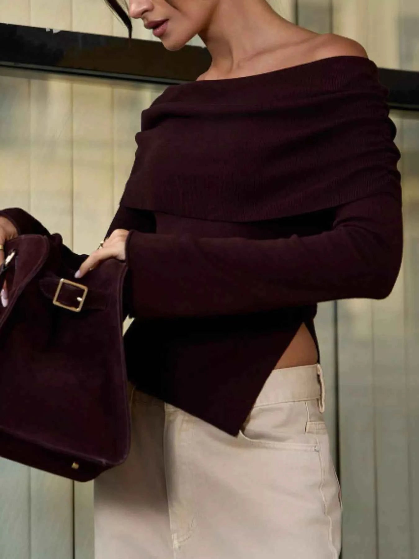 Asymmetrical Hem Off Shoulder Long Sleeve Knit Top