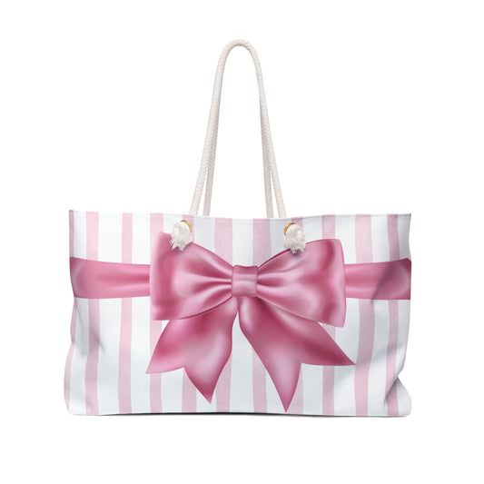 Weekender Bag Pink Bow and Stripes Design