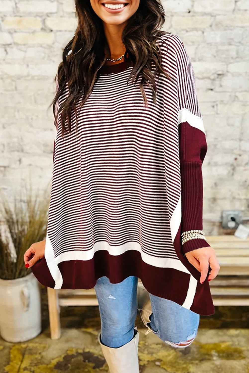 Stripe Colorblock Patchwork Dolman Sleeve Sweater