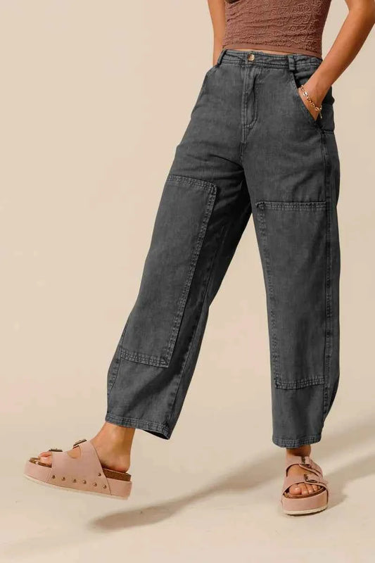 SO ME Mineral Washed Mid Rise Barrel Shape Pants