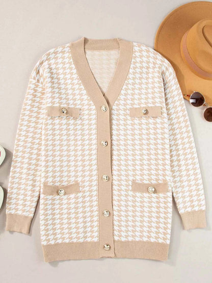 Contrast Edge Metal Button Slim Cardigan with Pockets