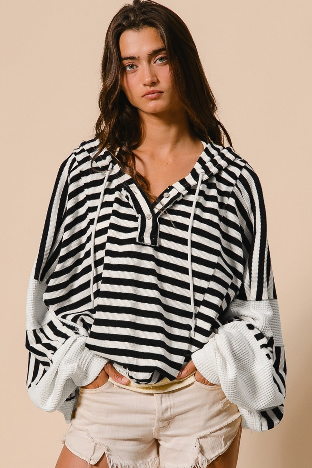 Black white Oversized Striped Henley Buttons Dolman Sleeve Hooded Sweatshirt