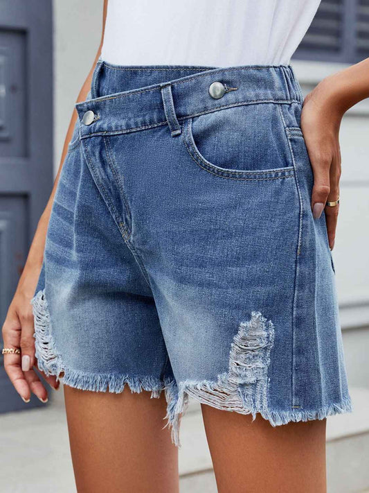 Distressed Raw Hem Asymmetrical Waist Denim Shorts