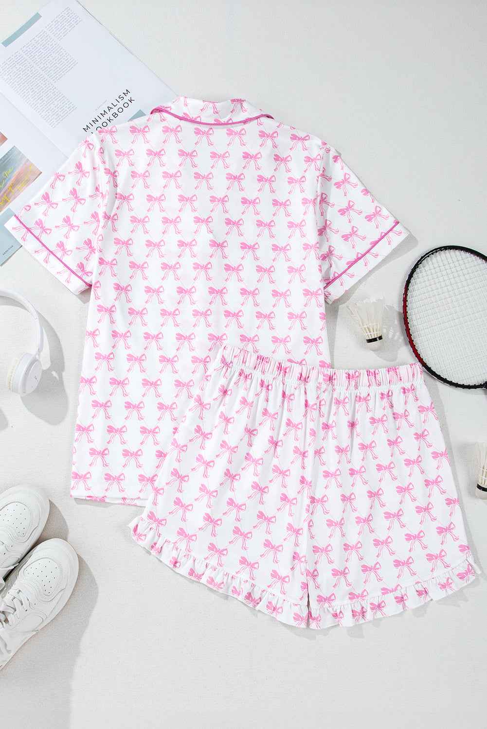Pink Bowknot Print Shirt and Ruffle Hem Pajamas