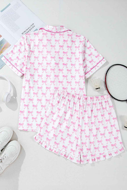 Pink Bowknot Print Shirt and Ruffle Hem Pajamas