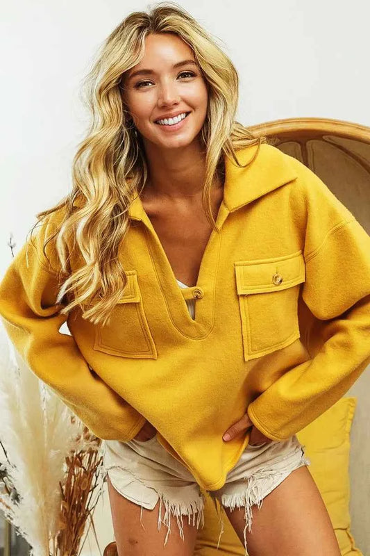 BiBi Flap Pockets Fleece Collared Sweatshirt