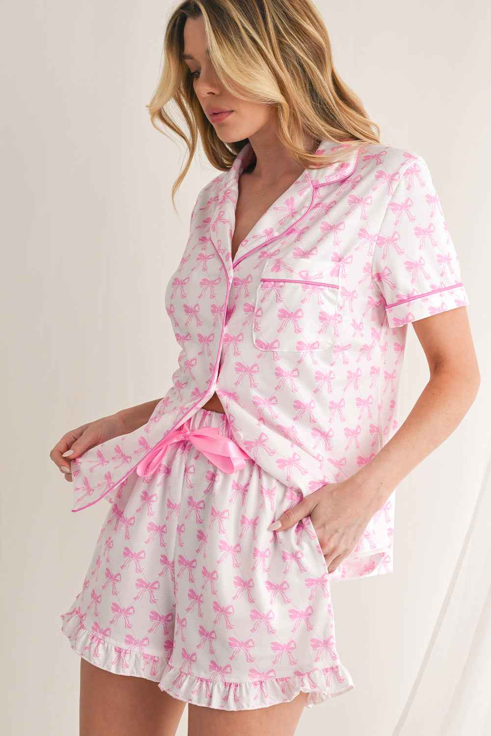 Pink Bowknot Print Shirt and Ruffle Hem Pajamas