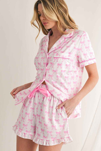 Pink Bowknot Print Shirt and Ruffle Hem Pajamas