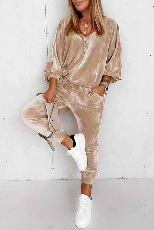 Parchment Velvet Lantern Sleeve Zipped Top & Joggers Pants Set