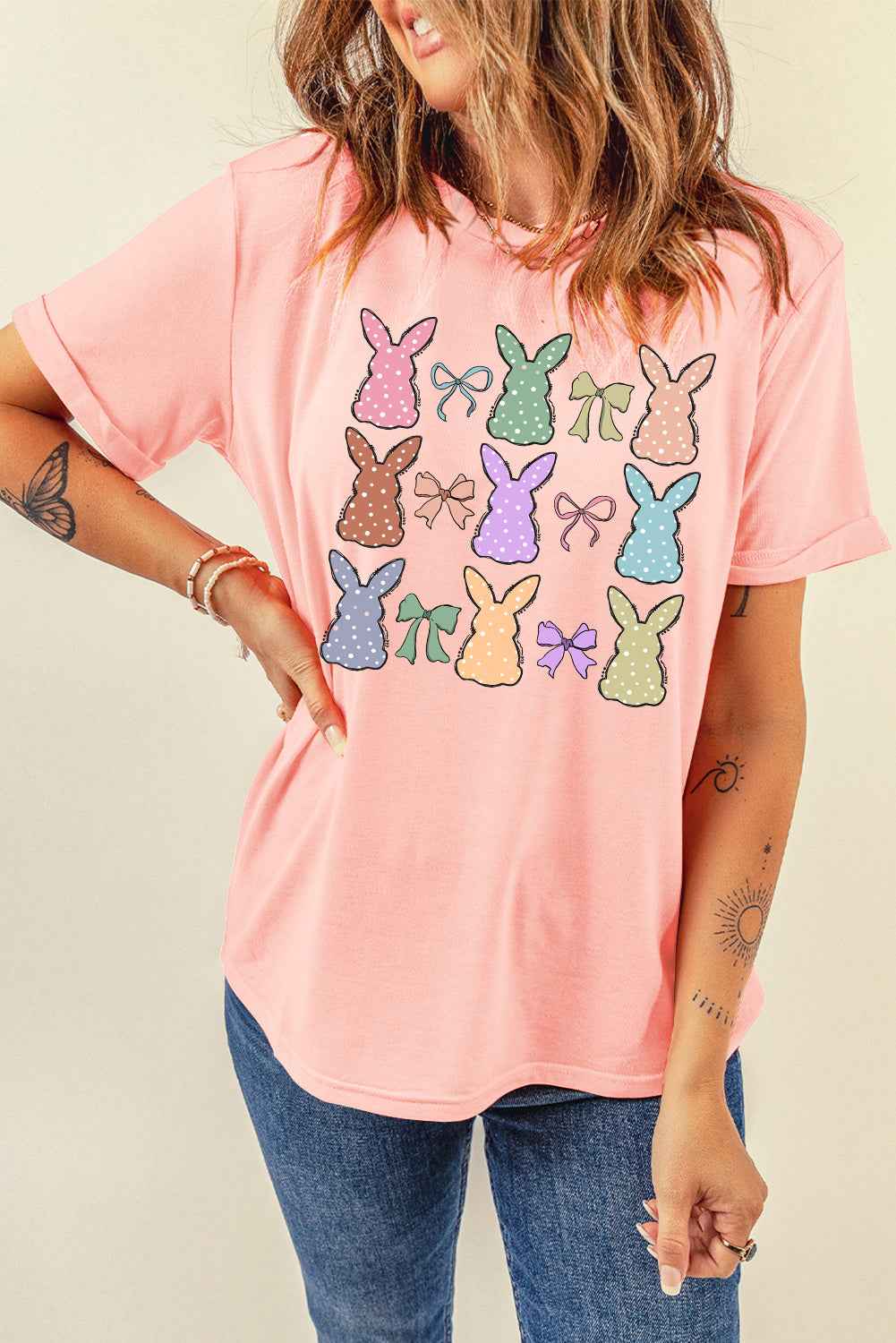 Pink Cute Bunny Bow Graphic Easter Day Fashion T Shirt