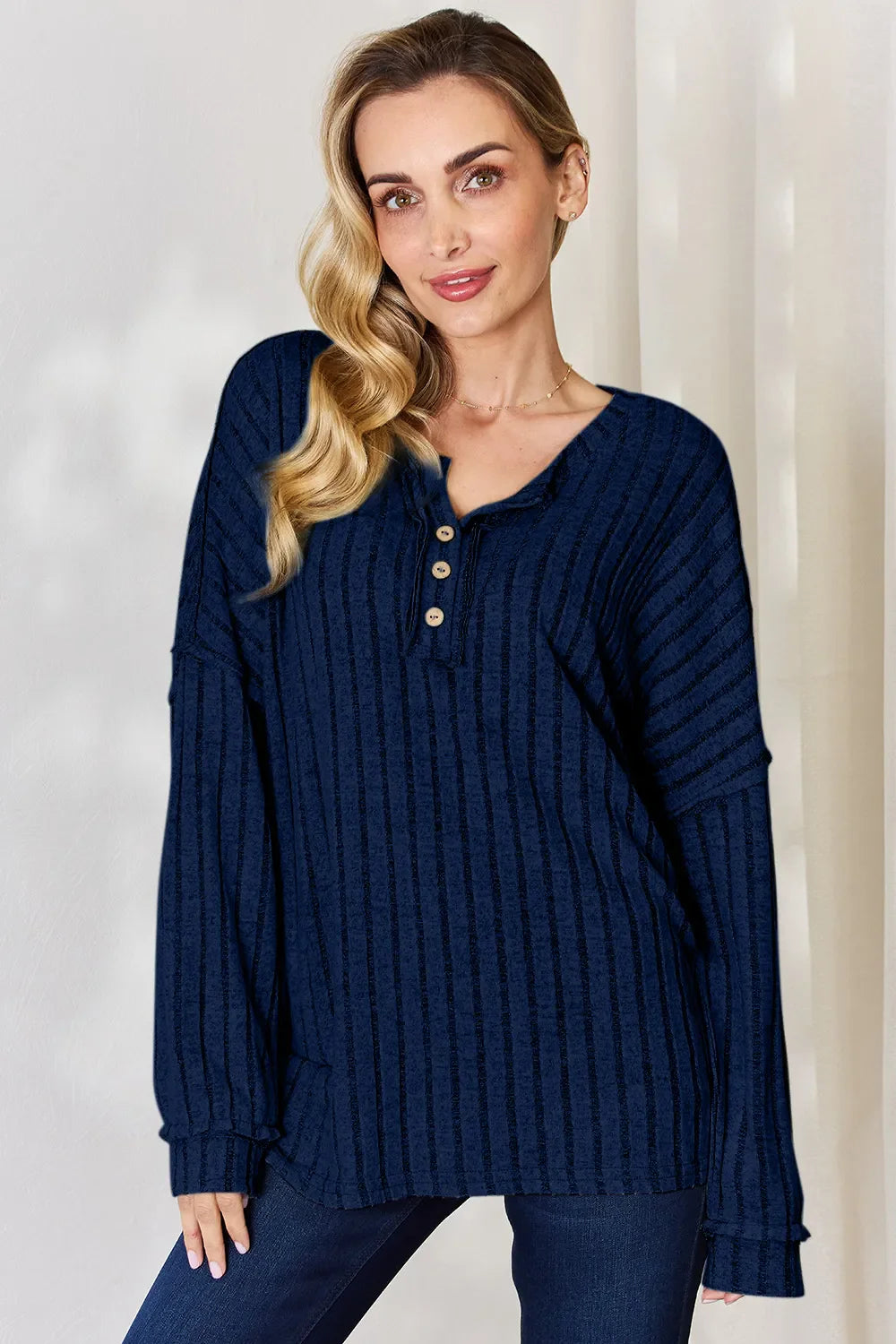 Basic Bae Full Size Ribbed Half Button Long Sleeve Women's T-Shirt - The Eggy's store