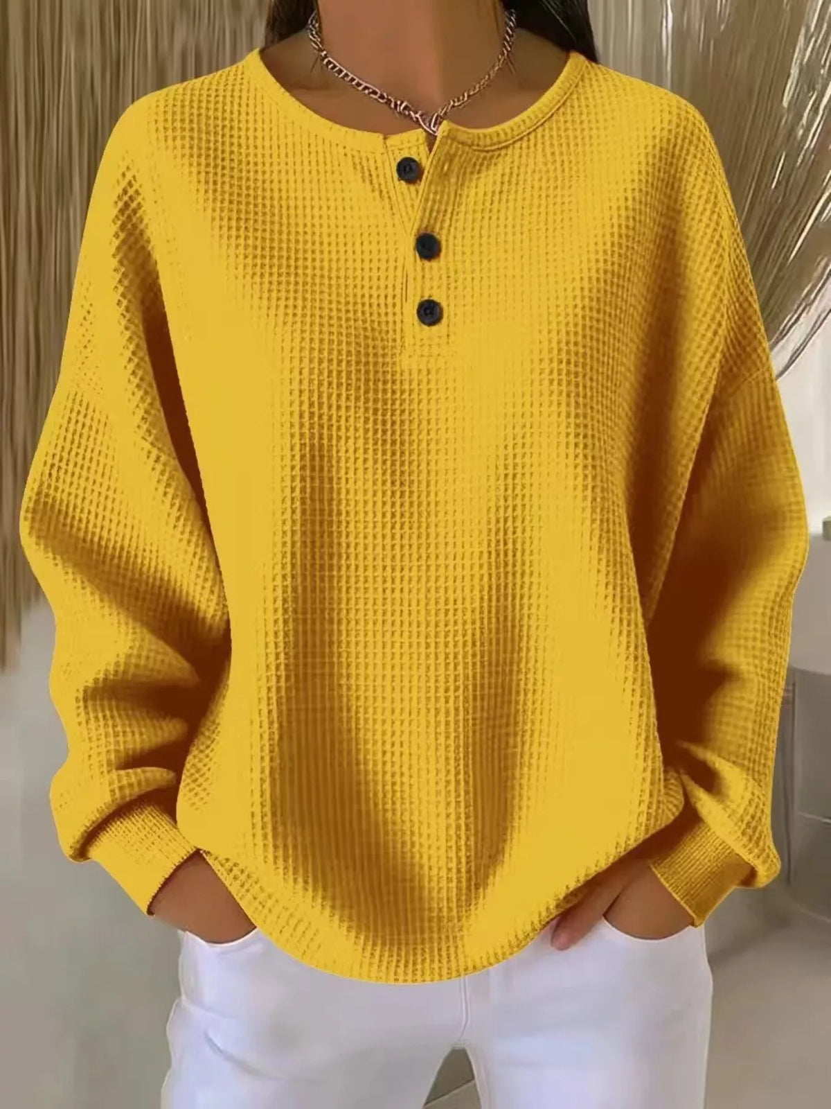 Waffle Knit Button Detail Pullover