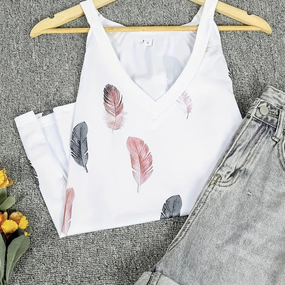 Ladies' V-neck Camisole - Feather Print Fashionable Versatile Casual Blouse