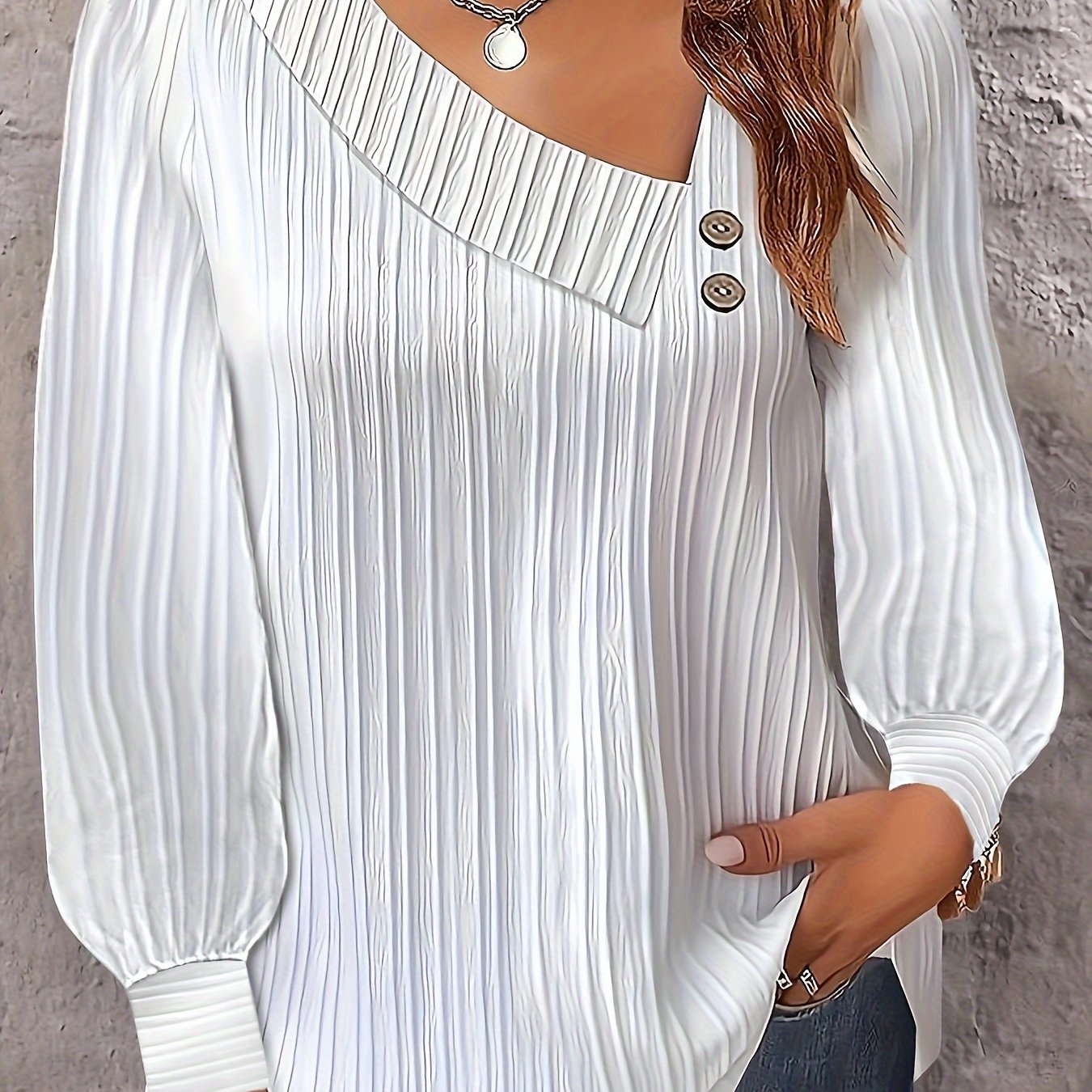 Plus Size Chic V-Neck Blouse with Decorative Buttons