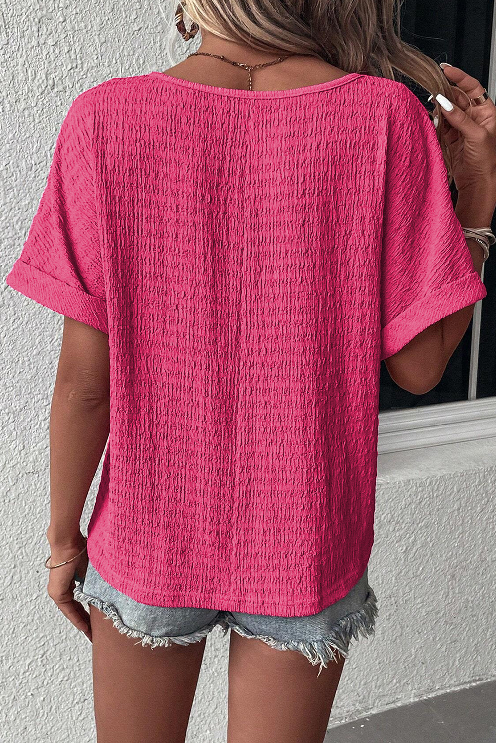 Bright Pink Textured V-Neck Women's T-Shirt