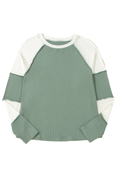 Mint Green Ribbed Colorblock Patchwork Raglan Long Sleeve Women's Top - The Eggy's store