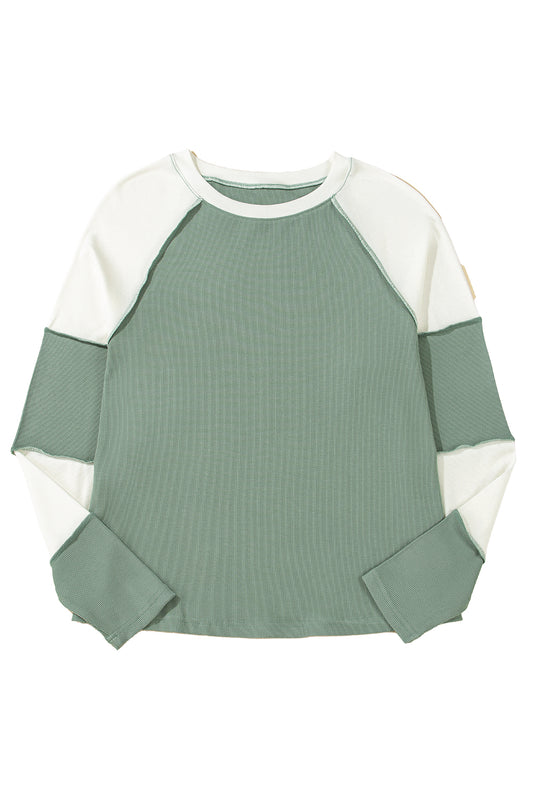 Mint Green Ribbed Colorblock Patchwork Raglan Long Sleeve Women's Top - The Eggy's store