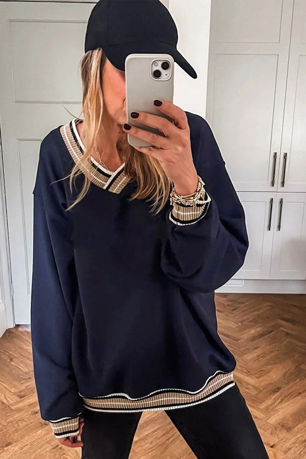 Navy Blue Varsity Contrast Striped Trim V Neck Women's Sweatshirt