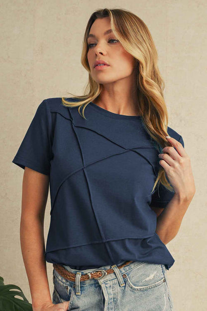 Dirty Blue Solid Color Round Neck T Shirt
