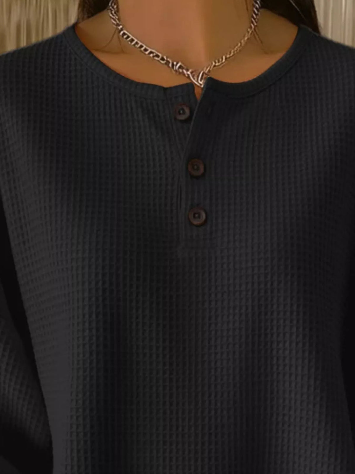 Waffle Knit Button Detail Pullover