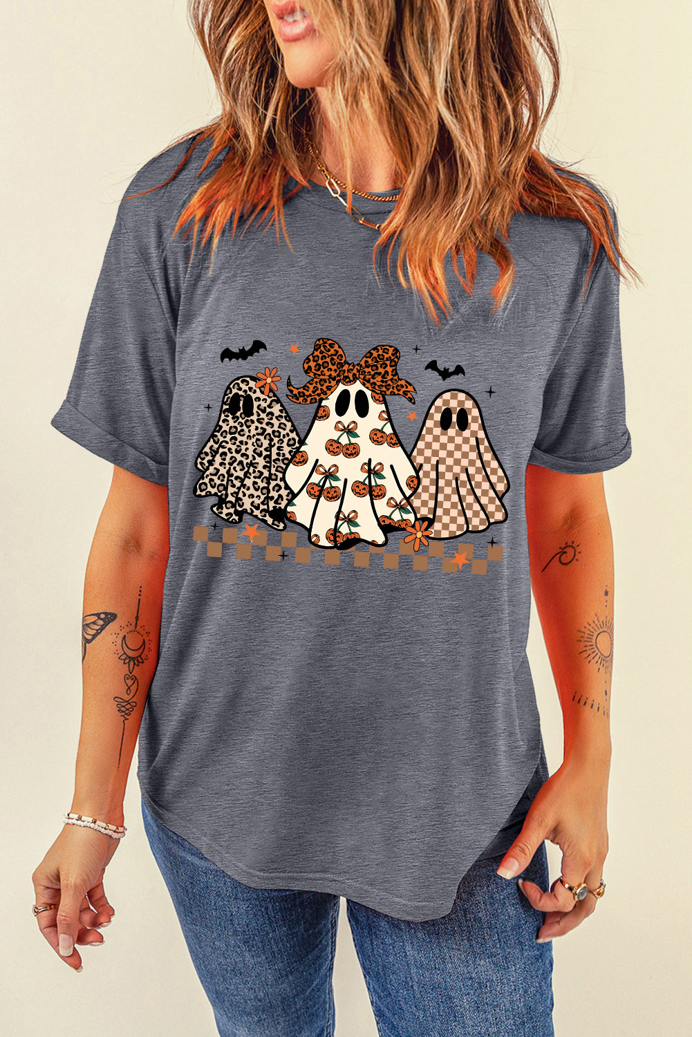 Three Ghosts Halloween Graphic T-Shirt with Cuffed Sleeves