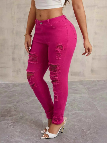 Fuchsia Fierce Distressed High-Waisted Skinny Jeans
