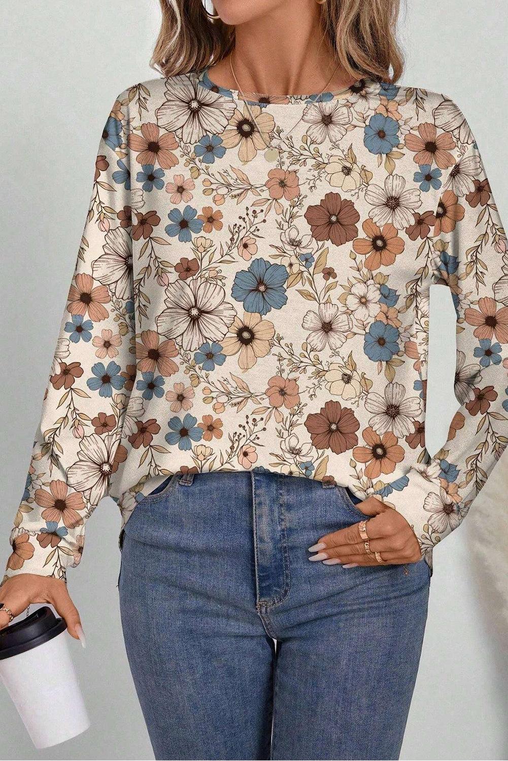 Khaki Floral Print Women's Top - Allover Floral Crew Neck Long Sleeve - The Eggy's store